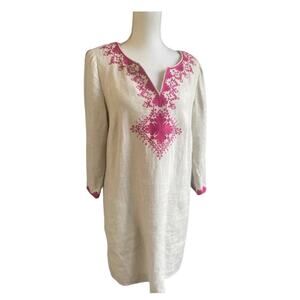 Tommy Hilfiger Women’s Large Linen‎ Sheath Dress Tan Pink Embroidered Pockets